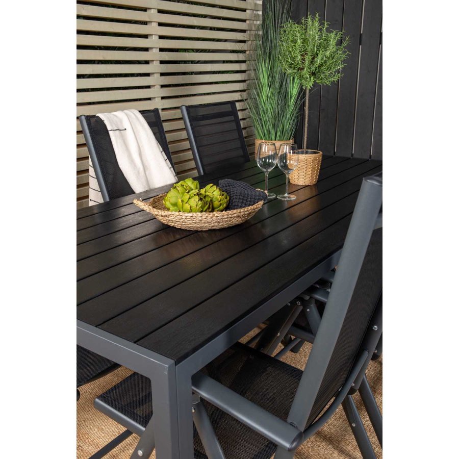 VENTURE DESIGN hagesett, m. Pausebord (205x90) og 6 Pause 5:pos. stoler - aintwood/alu/tekstilene