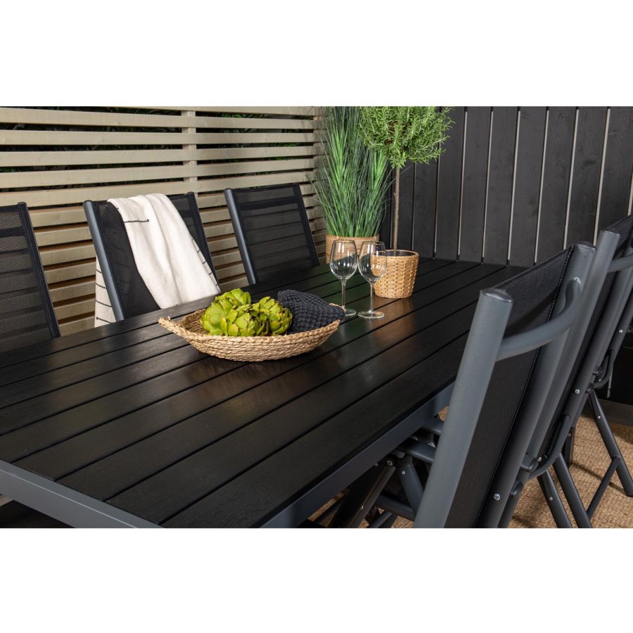 VENTURE DESIGN hagesett, m. Pausebord (205x90) og 6 Pause 5:pos. stoler - aintwood/alu/tekstilene