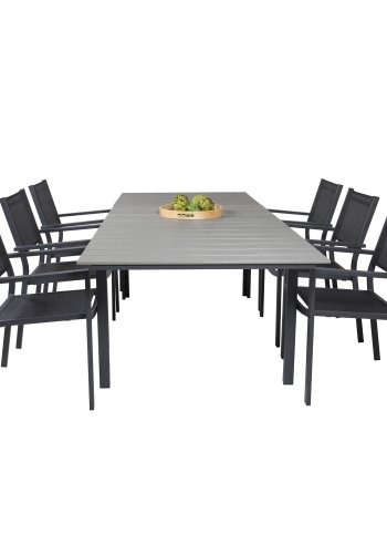 VENTURE DESIGN havest, m. Levels bord, m. udtrk og 6 Copacabana stole, m. armln - aintwood/alu 