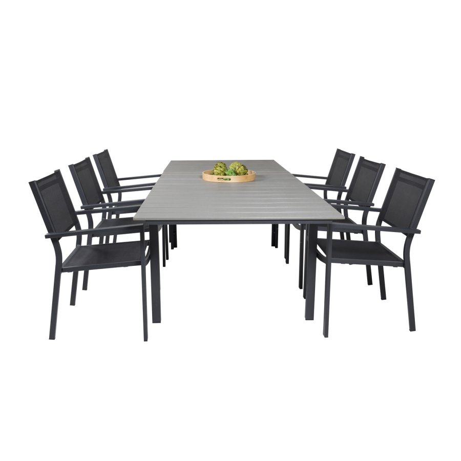 VENTURE DESIGN havest, m. Levels bord, m. udtrk og 6 Copacabana stole, m. armln - aintwood/alu 