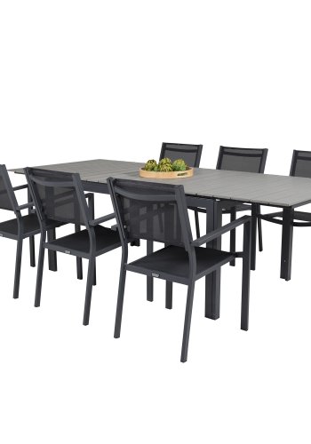 VENTURE DESIGN havest, m. Levels bord, m. udtrk og 6 Copacabana stole, m. armln - aintwood/alu 