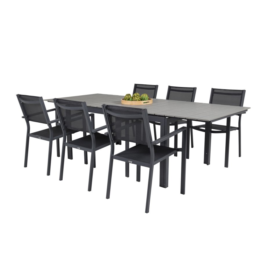 VENTURE DESIGN havest, m. Levels bord, m. udtrk og 6 Copacabana stole, m. armln - aintwood/alu 