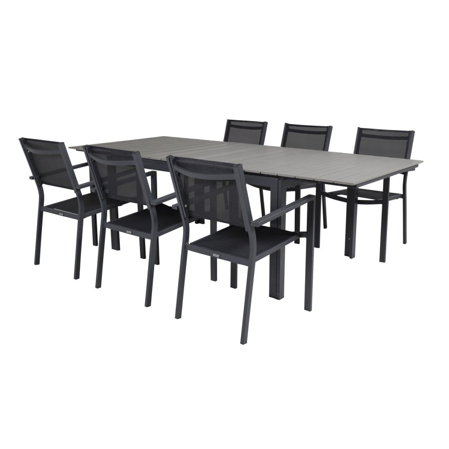 VENTURE DESIGN havest, m. Levels bord, m. udtrk og 6 Copacabana stole, m. armln - aintwood/alu 