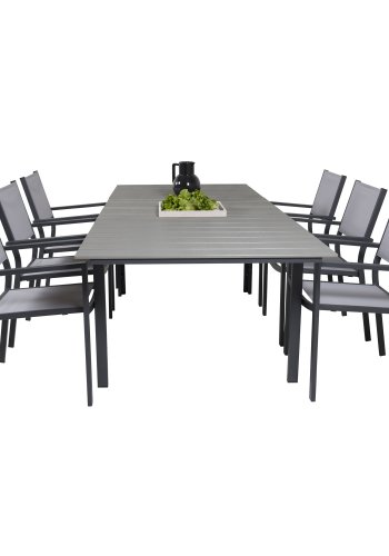 VENTURE DESIGN Gartenset, mit Levels Tisch mit Verlängerung und 6 Copacabana Stühlen, mit Armlehnen - Anthrazit/Alu
