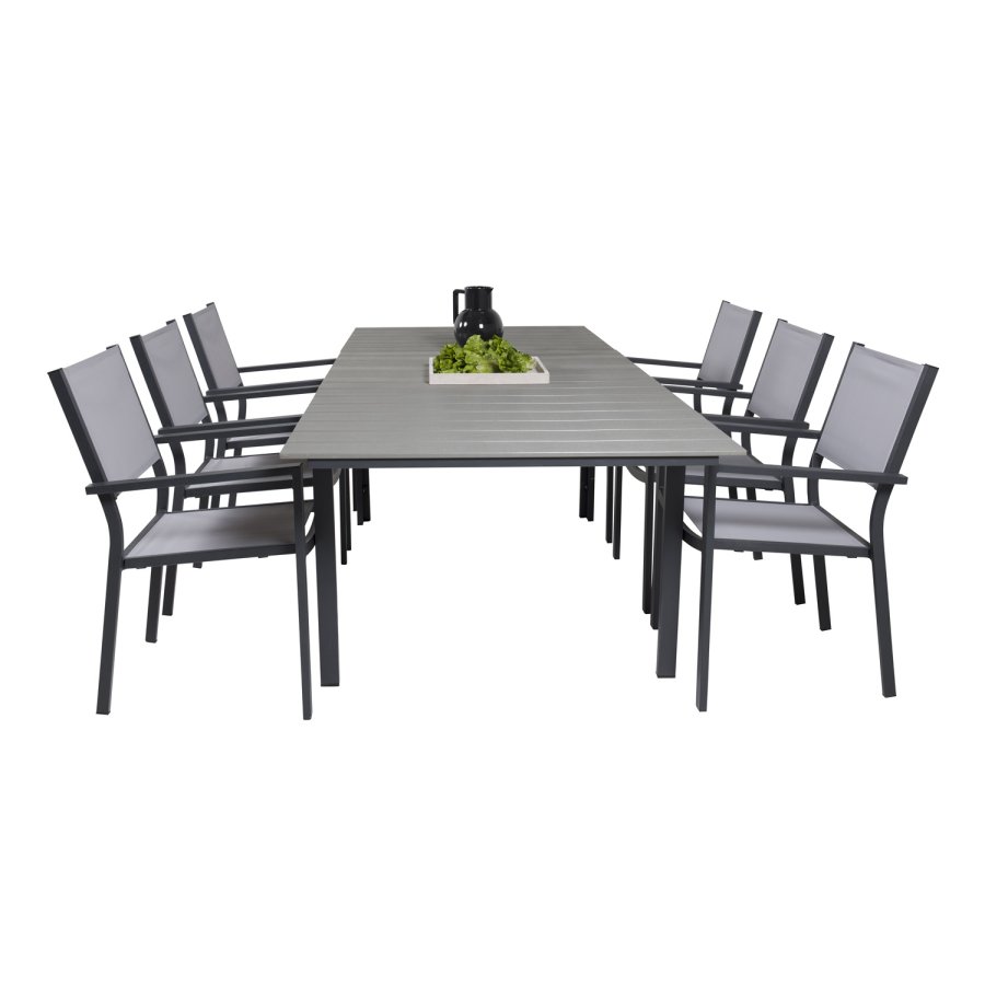 VENTURE DESIGN Gartenset, mit Levels Tisch mit Verlängerung und 6 Copacabana Stühlen, mit Armlehnen - Anthrazit/Alu