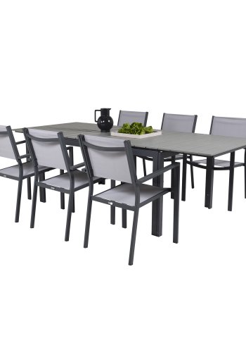 VENTURE DESIGN Gartenset, mit Levels Tisch mit Verlängerung und 6 Copacabana Stühlen, mit Armlehnen - Anthrazit/Alu