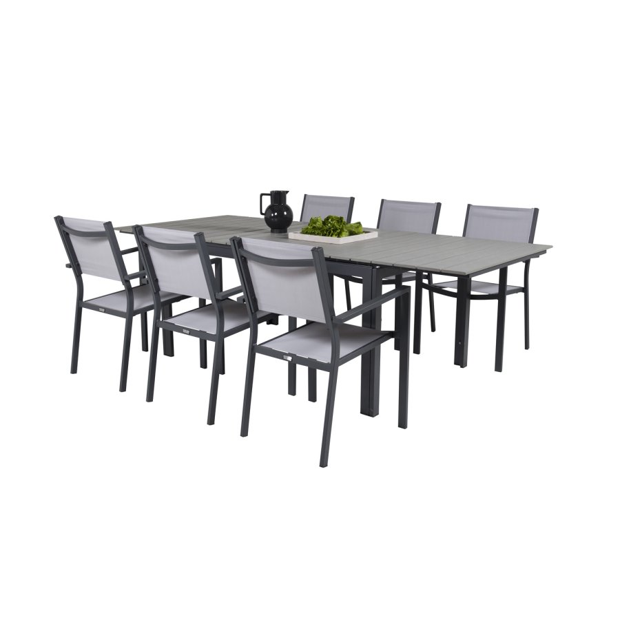 VENTURE DESIGN Gartenset, mit Levels Tisch mit Verlängerung und 6 Copacabana Stühlen, mit Armlehnen - Anthrazit/Alu