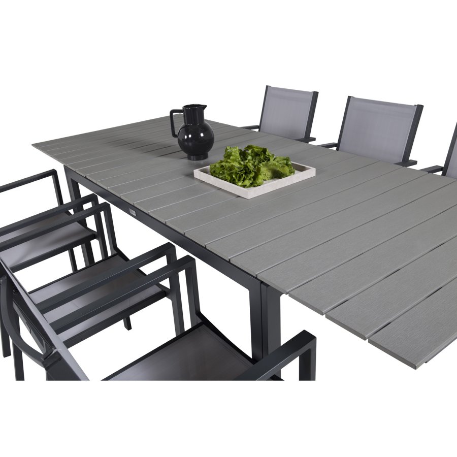 VENTURE DESIGN Gartenset, mit Levels Tisch mit Verlängerung und 6 Copacabana Stühlen, mit Armlehnen - Anthrazit/Alu