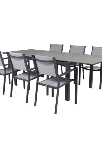 VENTURE DESIGN Gartenset, mit Levels Tisch mit Verlängerung und 6 Copacabana Stühlen, mit Armlehnen - Anthrazit/Alu