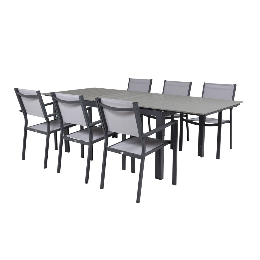 VENTURE DESIGN Gartenset, mit Levels Tisch mit Verlängerung und 6 Copacabana Stühlen, mit Armlehnen - Anthrazit/Alu