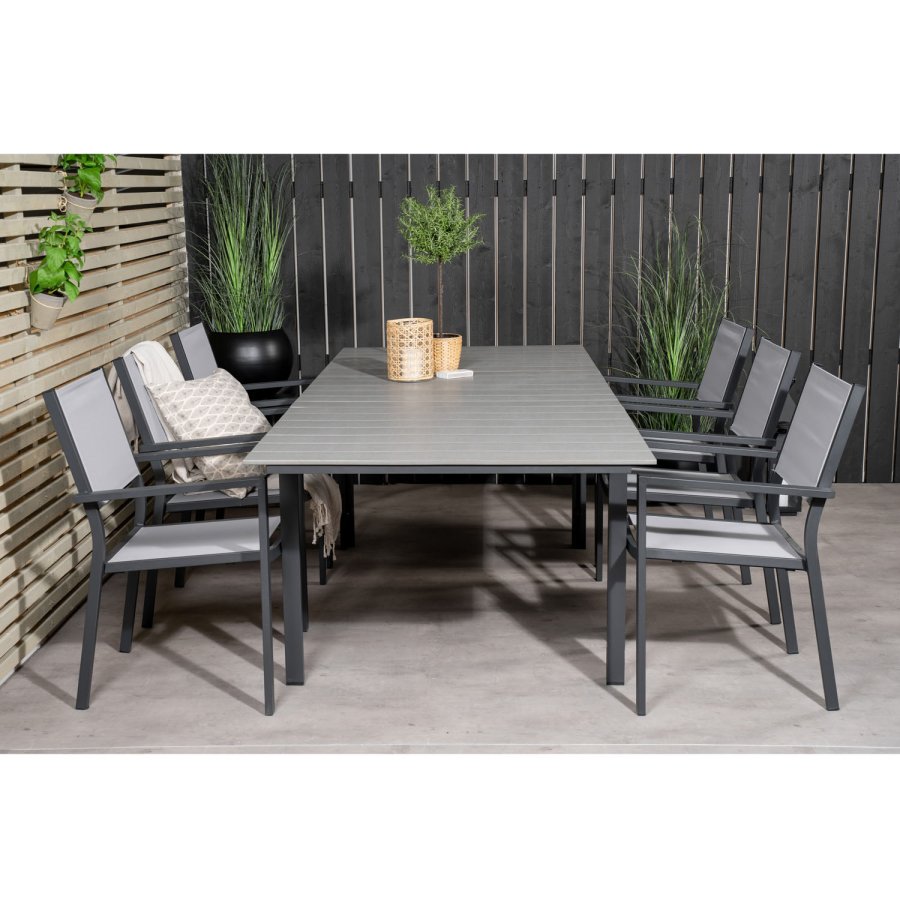 VENTURE DESIGN Gartenset, mit Levels Tisch mit Verlängerung und 6 Copacabana Stühlen, mit Armlehnen - Anthrazit/Alu