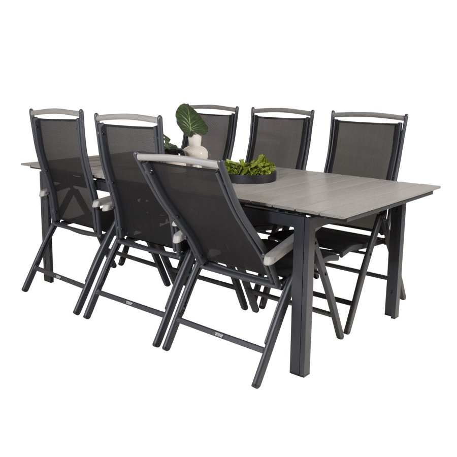 VENTURE DESIGN havest, m. Levels bord, m. udtrk og 6 Albany 5:pos. stole - aintwood/alu/textilene