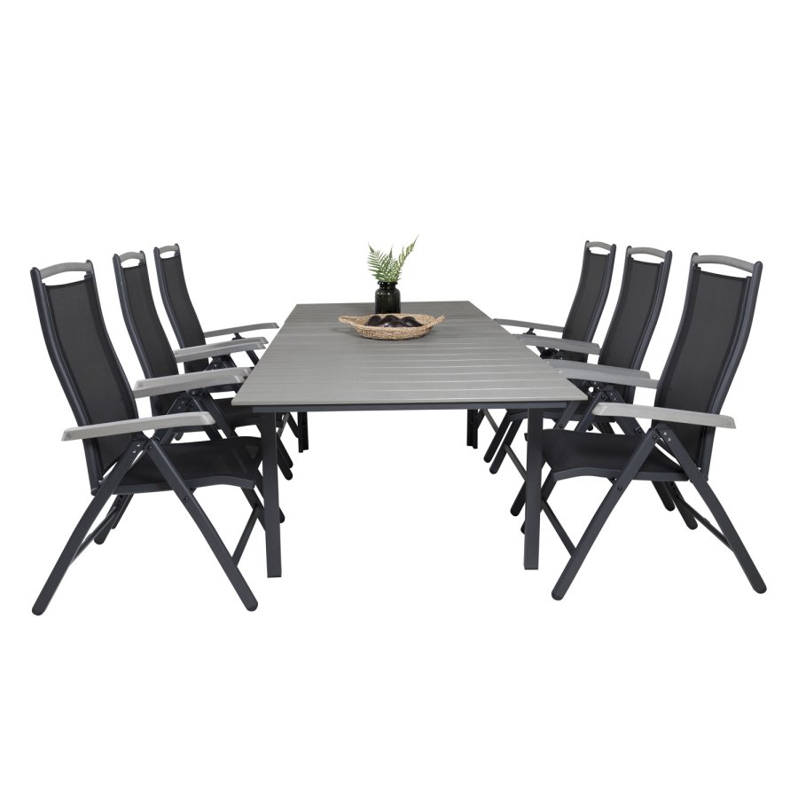 VENTURE DESIGN havest, m. Levels bord, m. udtrk og 6 Albany 5:pos. stole - aintwood/alu/textilene