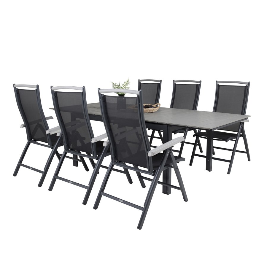 VENTURE DESIGN havest, m. Levels bord, m. udtrk og 6 Albany 5:pos. stole - aintwood/alu/textilene