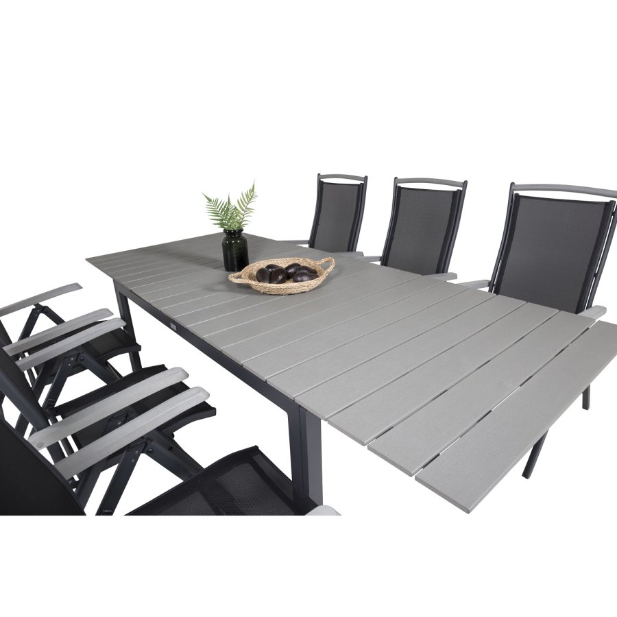 VENTURE DESIGN havest, m. Levels bord, m. udtrk og 6 Albany 5:pos. stole - aintwood/alu/textilene