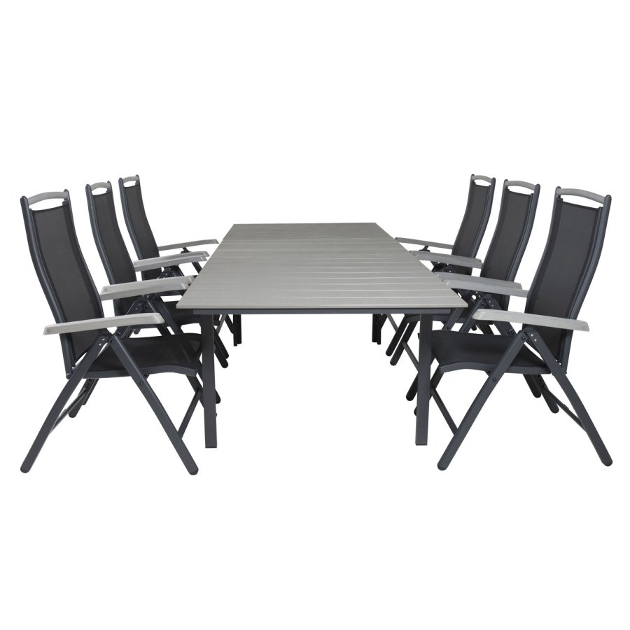 VENTURE DESIGN havest, m. Levels bord, m. udtrk og 6 Albany 5:pos. stole - aintwood/alu/textilene