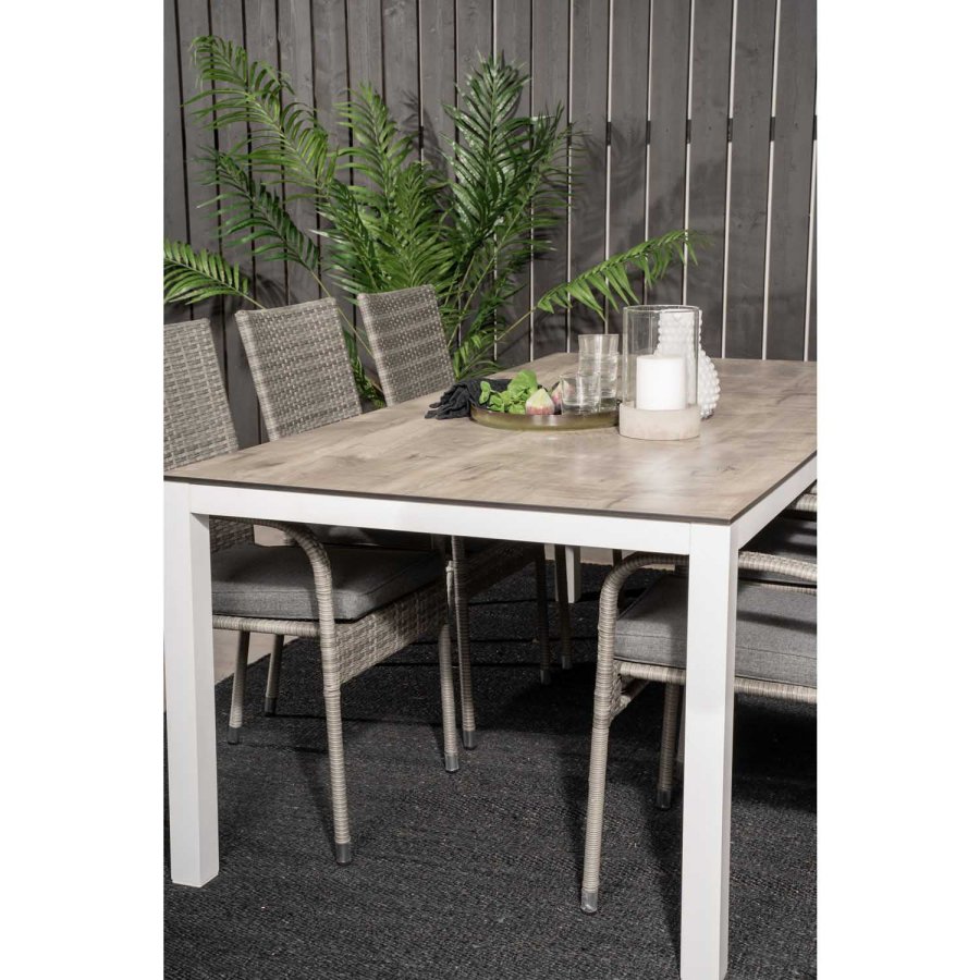 VENTURE DESIGN Gartenset, mit Llama Tisch (205x100) und 6 Anna Stühlen, mit Armlehnen - Laminat/Alu/Rattan 