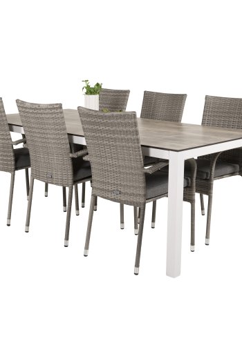 VENTURE DESIGN Gartenset, mit Llama Tisch (205x100) und 6 Anna Stühlen, mit Armlehnen - Laminat/Alu/Rattan 