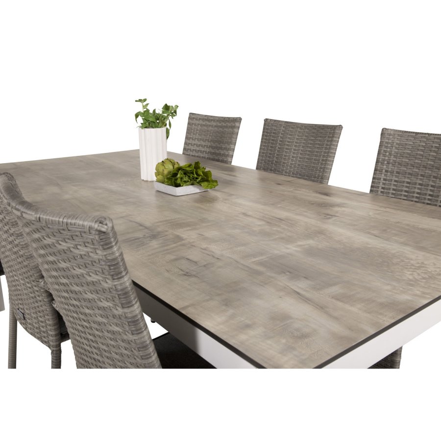 VENTURE DESIGN Gartenset, mit Llama Tisch (205x100) und 6 Anna Stühlen, mit Armlehnen - Laminat/Alu/Rattan 