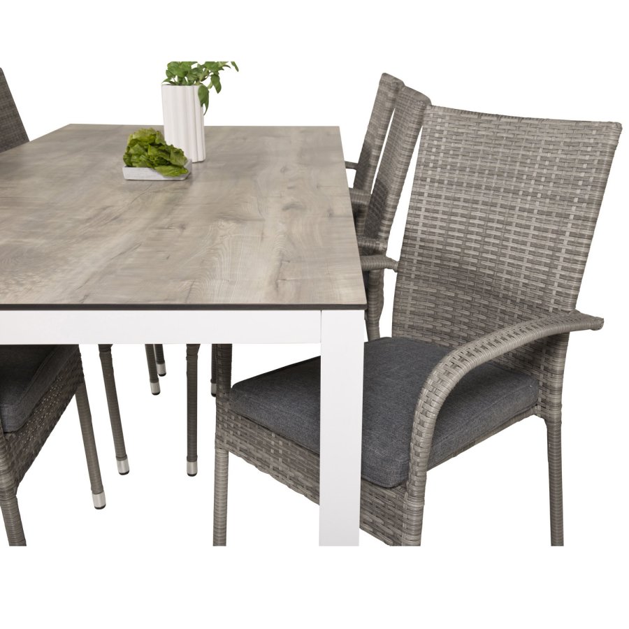 VENTURE DESIGN Gartenset, mit Llama Tisch (205x100) und 6 Anna Stühlen, mit Armlehnen - Laminat/Alu/Rattan 