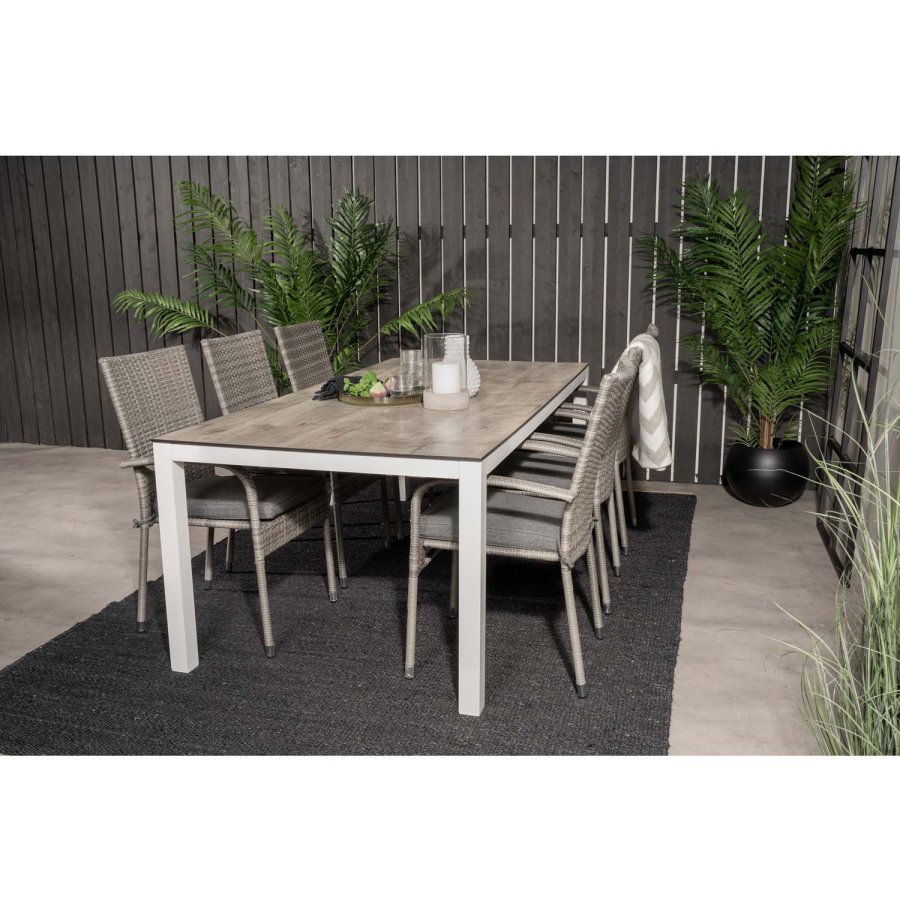 VENTURE DESIGN Gartenset, mit Llama Tisch (205x100) und 6 Anna Stühlen, mit Armlehnen - Laminat/Alu/Rattan 