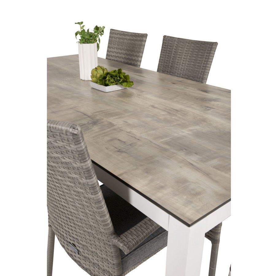 VENTURE DESIGN Gartenset, mit Llama Tisch (205x100) und 6 Anna Stühlen, mit Armlehnen - Laminat/Alu/Rattan 