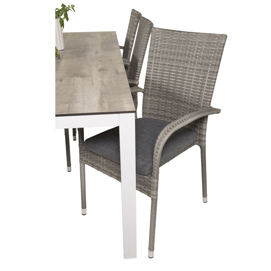 VENTURE DESIGN Gartenset, mit Llama Tisch (205x100) und 6 Anna Stühlen, mit Armlehnen - Laminat/Alu/Rattan 