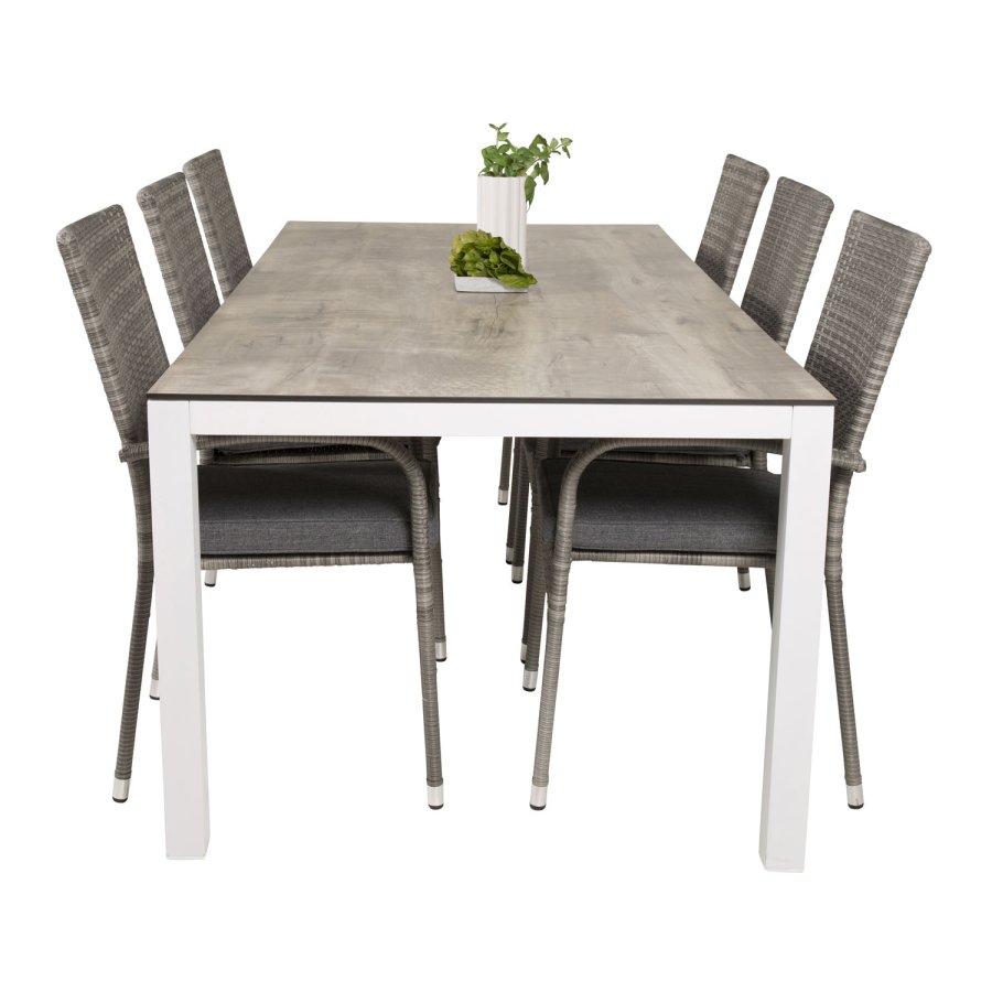 VENTURE DESIGN Gartenset, mit Llama Tisch (205x100) und 6 Anna Stühlen, mit Armlehnen - Laminat/Alu/Rattan 