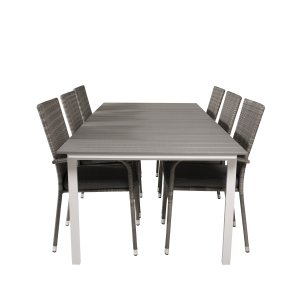 VENTURE DESIGN havest, m. Levels bord, m. udtrk og 6 Anna stole, m. armln - aintwood/alu