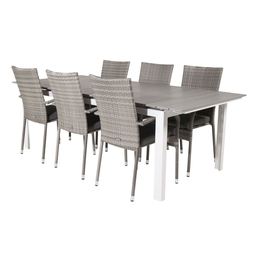 VENTURE DESIGN Gartenset, mit Levels Tisch, mit Verlängerung und 6 Anna Stühlen, mit Armlehnen - Anthrazit/Alu