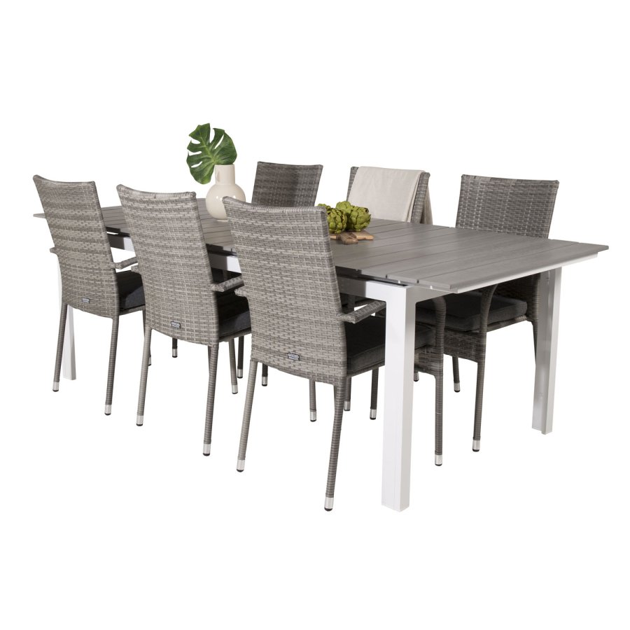 VENTURE DESIGN Gartenset, mit Levels Tisch, mit Verlängerung und 6 Anna Stühlen, mit Armlehnen - Anthrazit/Alu