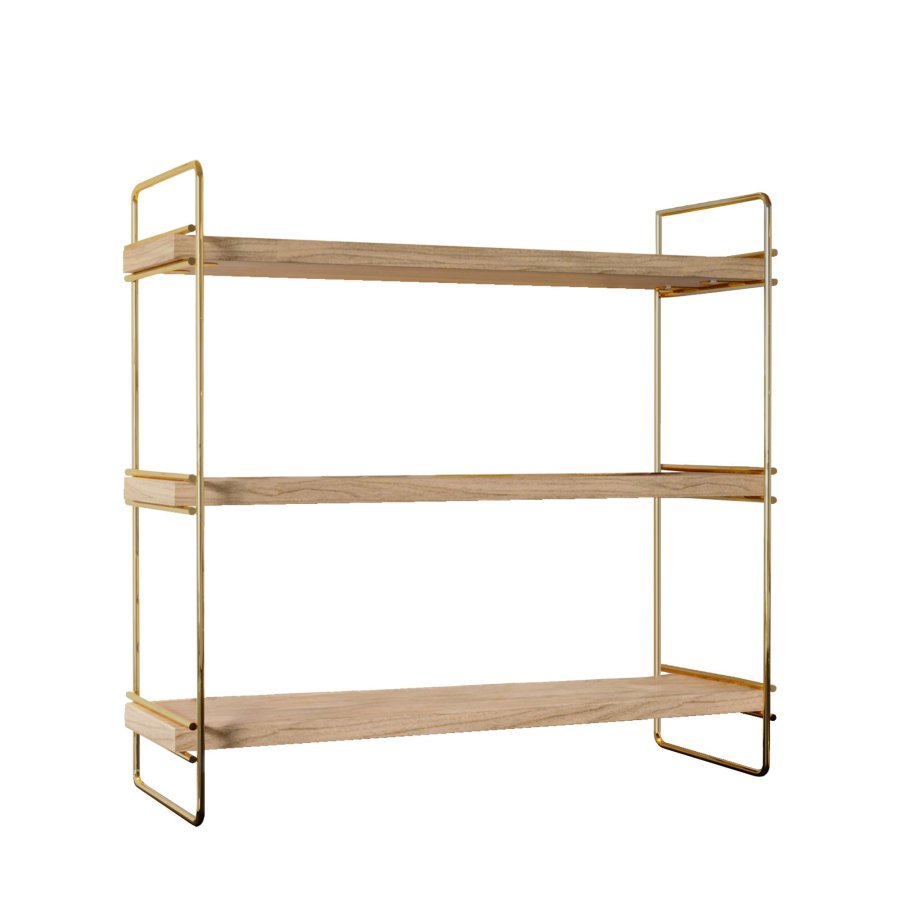 FUNZI LIVING Masa bokhylle, m. 3 hyller - brunt tre og gullmetall