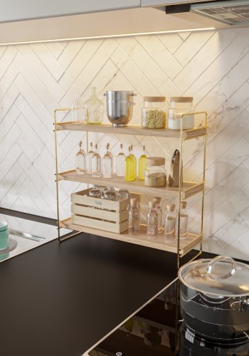 FUNZI LIVING Masa bokhylle, m. 3 hyller - brunt tre og gullmetall