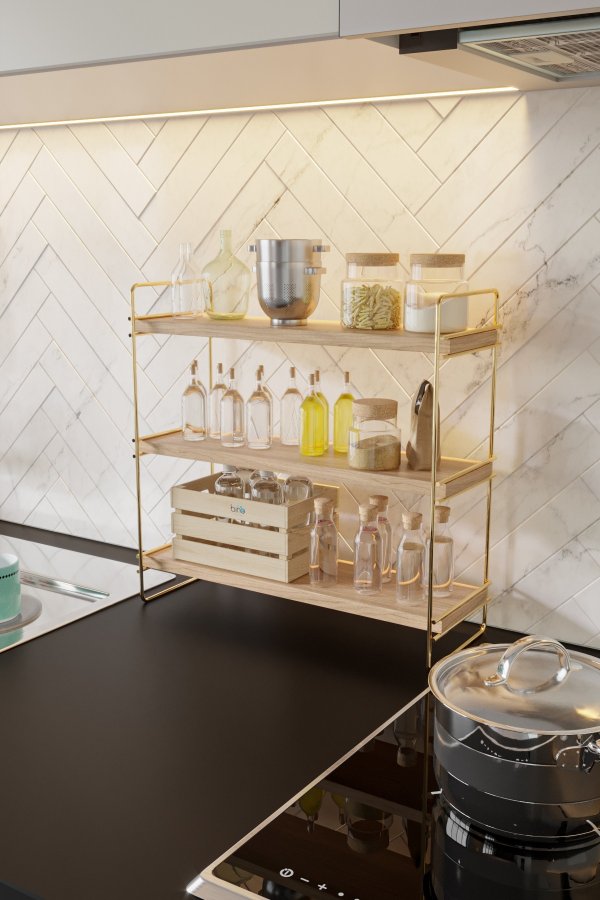 FUNZI LIVING Masa bokhylle, m. 3 hyller - brunt tre og gullmetall