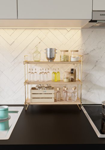 FUNZI LIVING Masa bokhylle, m. 3 hyller - brunt tre og gullmetall