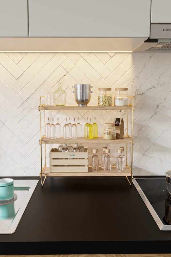 FUNZI LIVING Masa bokhylle, m. 3 hyller - brunt tre og gullmetall