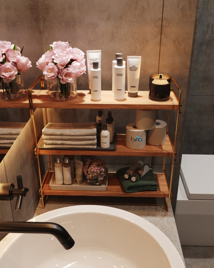 FUNZI LIVING Masa bokhylle, m. 3 hyller - brunt tre og gullmetall