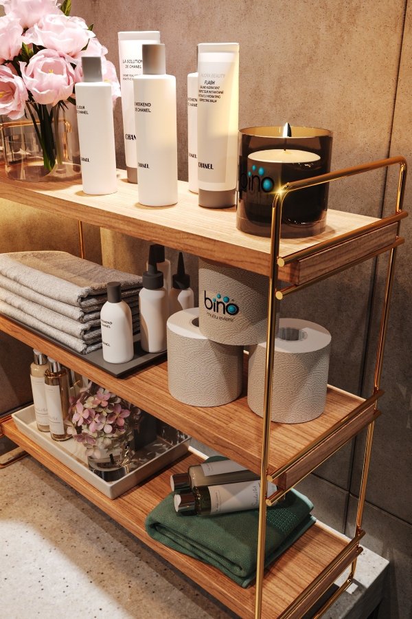 FUNZI LIVING Masa bokhylle, m. 3 hyller - brunt tre og gullmetall