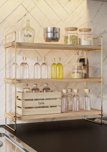 FUNZI LIVING Masa bokhylle, m. 3 hyller - brunt tre og gullmetall