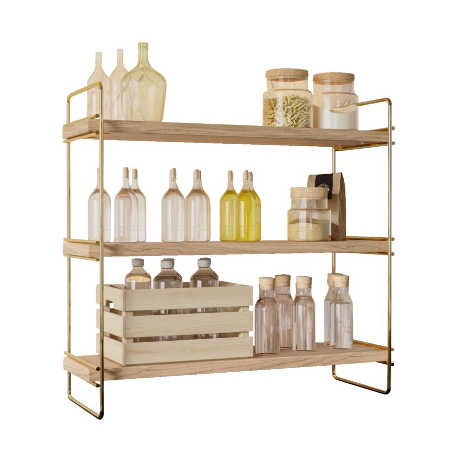 FUNZI LIVING Masa bokhylle, m. 3 hyller - brunt tre og gullmetall