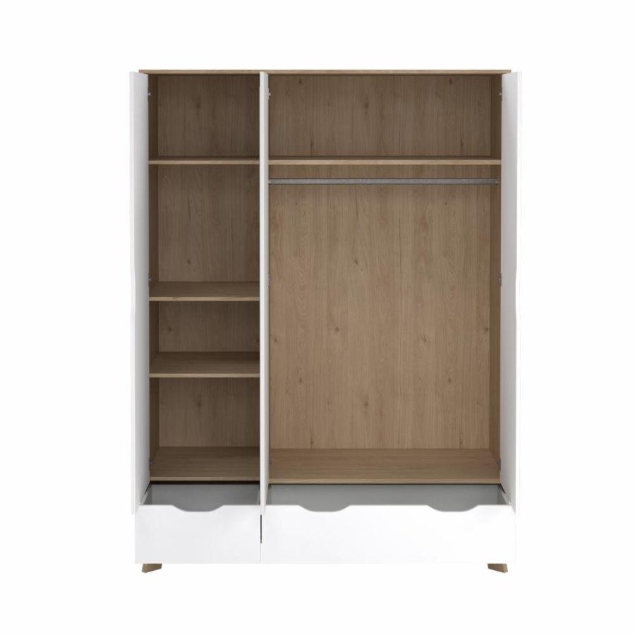 TVILUM Ikast Kleiderschrank mit 2 Türen + 1 Spiegeltür + 2 Schubladen, Jackson Hickory/Weiß, 147,2 x 58,1 x 201 cm