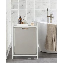 VASAGLE vasketjskurv, m. udtrkkelig og aftagelig vasketjspose og 1 hylde - stof og hvid MDF/stl