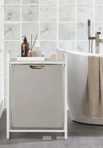 VASAGLE Wäschekorb, mit ausziehbarem und herausnehmbarem Wäschesack und 1 Ablage – Stoff und weißes MDF/Stahl