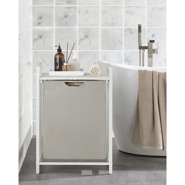 VASAGLE vasketjskurv, m. udtrkkelig og aftagelig vasketjspose og 1 hylde - stof og hvid MDF/stl