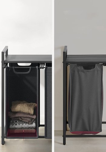 VASAGLE vasketjskurv, m. 3 udtrkkelige og aftagelige vasketjsposer, 1 hylde - stof, sort MDF/stl