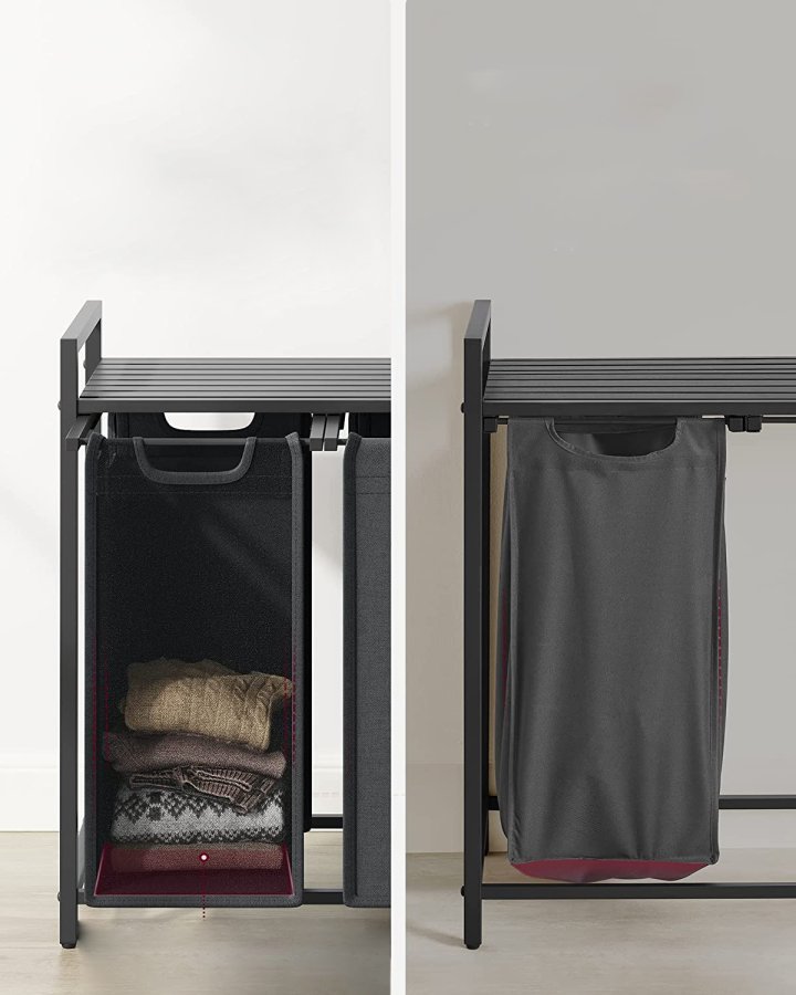 VASAGLE vasketjskurv, m. 3 udtrkkelige og aftagelige vasketjsposer, 1 hylde - stof, sort MDF/stl