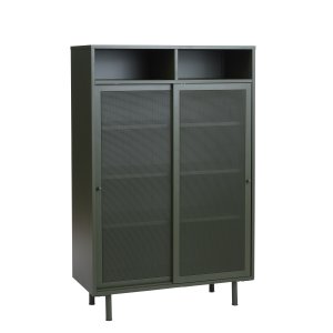 Veep skp, m. 2 skjutdörrar och hyllor - olivgrön metall (H:140)