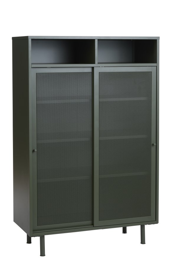 Veep Schrank, mit 2 Schiebetüren und Regalen – olivgrünes Metall (H:140)