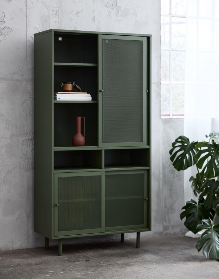   Veep-Schrank mit 4 Schiebetüren und Regalen – olivgrünes Metall (H: 180)