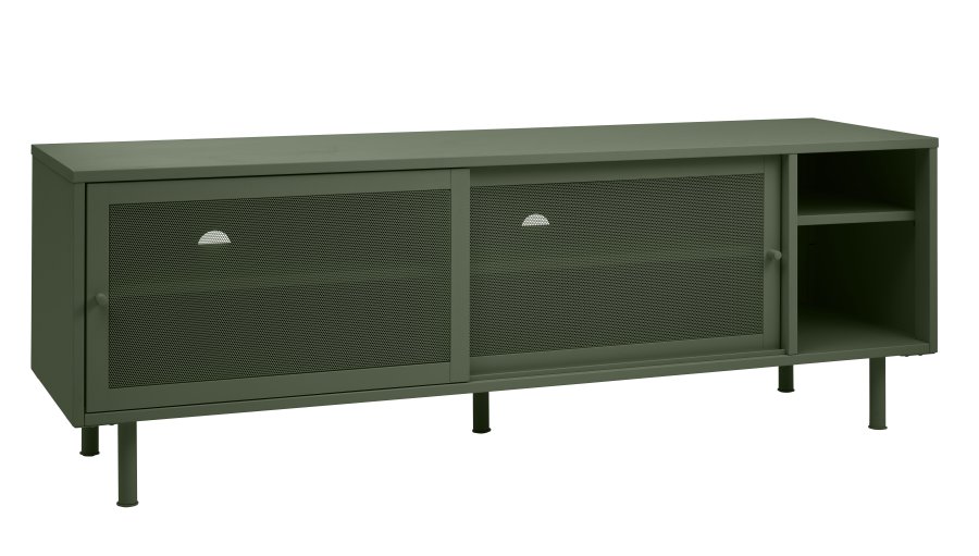 Veep TV-Tisch, m. 2 Schiebetüren und Regalen - olivgrünes Metall (160x45)